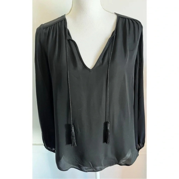 Joie • Black Long Sleeve Split V Tie Neck 100% Silk Odelette Blouse - Picture 1 of 7